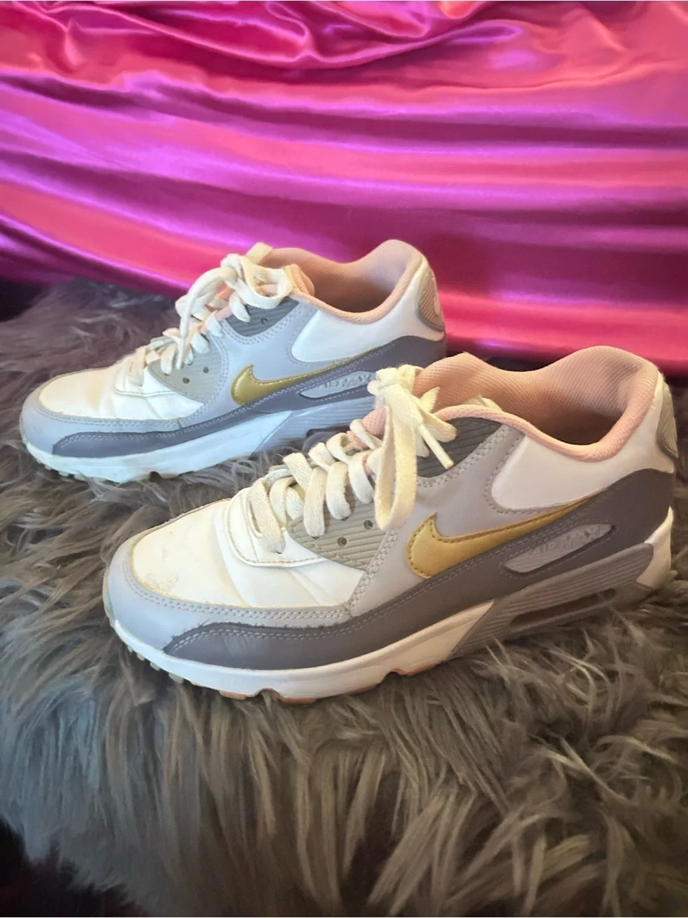 Nike White Gray Sneakers with Gold Swoosh and Pink Lining - Picture 2 of 4